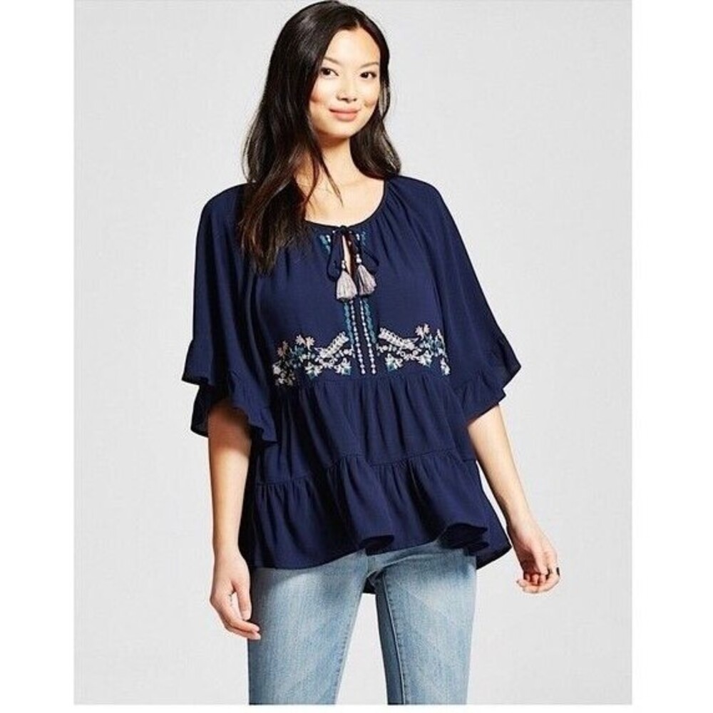Knox Rose women’s navy shirt S blue pink Embroidered bohemian peasant blouse top
